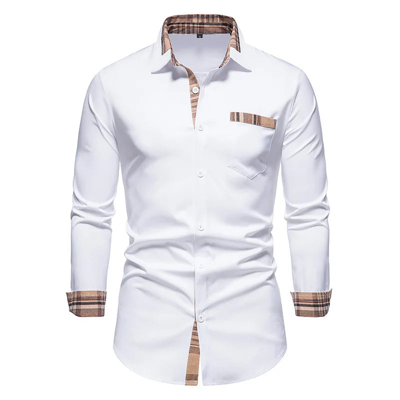 RNSHANGER Autumn Plaid Patchwork Formal Shirts for Men Slim Long Sleeve White Button up Shirt Dress Business Office Dress Shirts