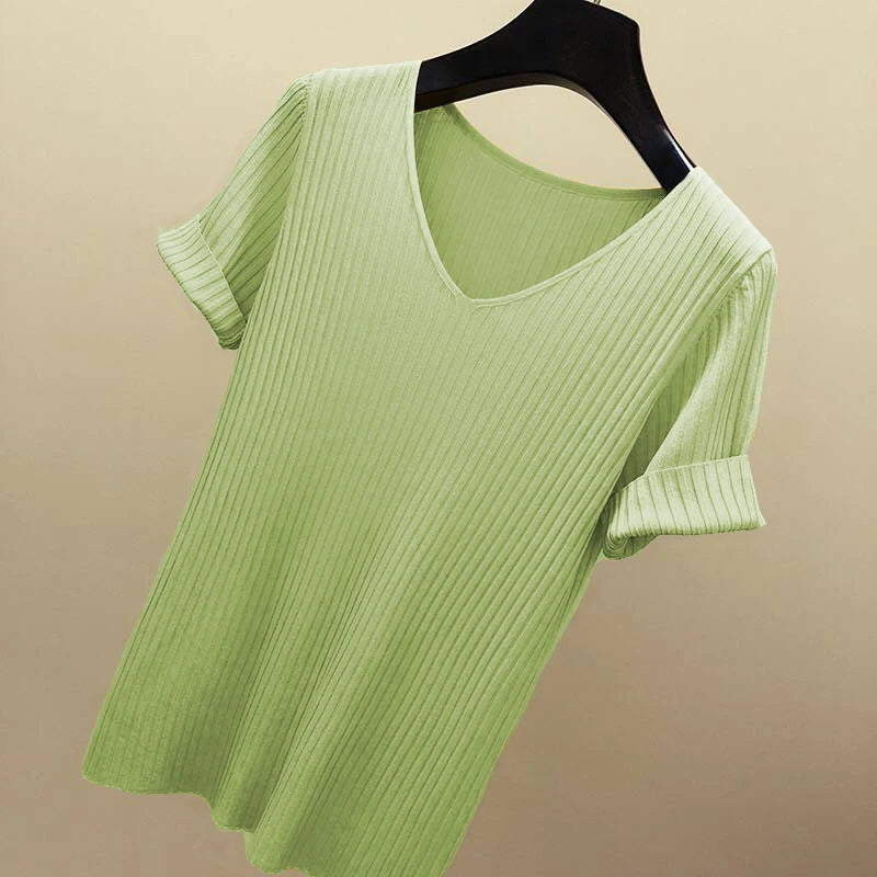 Women's Slim Knit V-Neck Short Sleeve Top