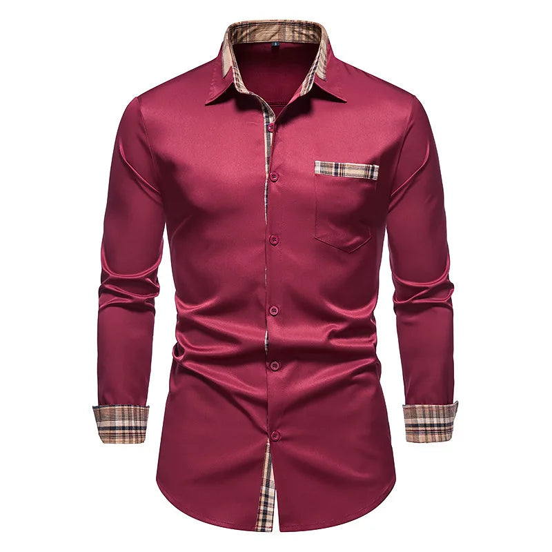 RNSHANGER Autumn Plaid Patchwork Formal Shirts for Men Slim Long Sleeve White Button up Shirt Dress Business Office Dress Shirts