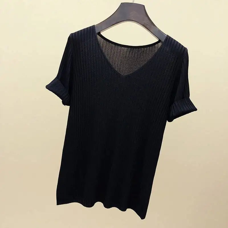 Women's Slim Knit V-Neck Short Sleeve Top