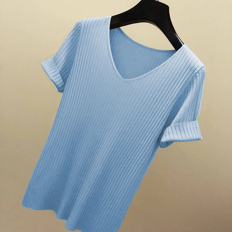 Women's Slim Knit V-Neck Short Sleeve Top