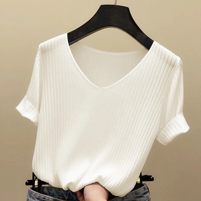 Women's Slim Knit V-Neck Short Sleeve Top