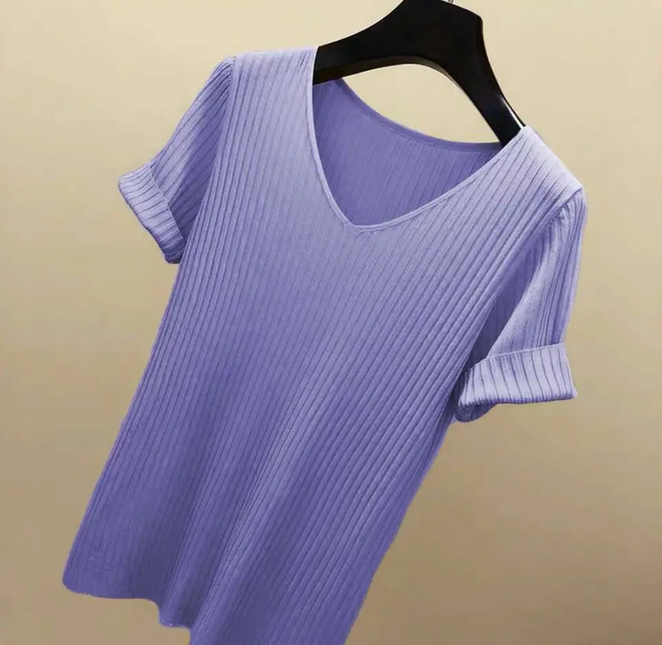 Women's Slim Knit V-Neck Short Sleeve Top