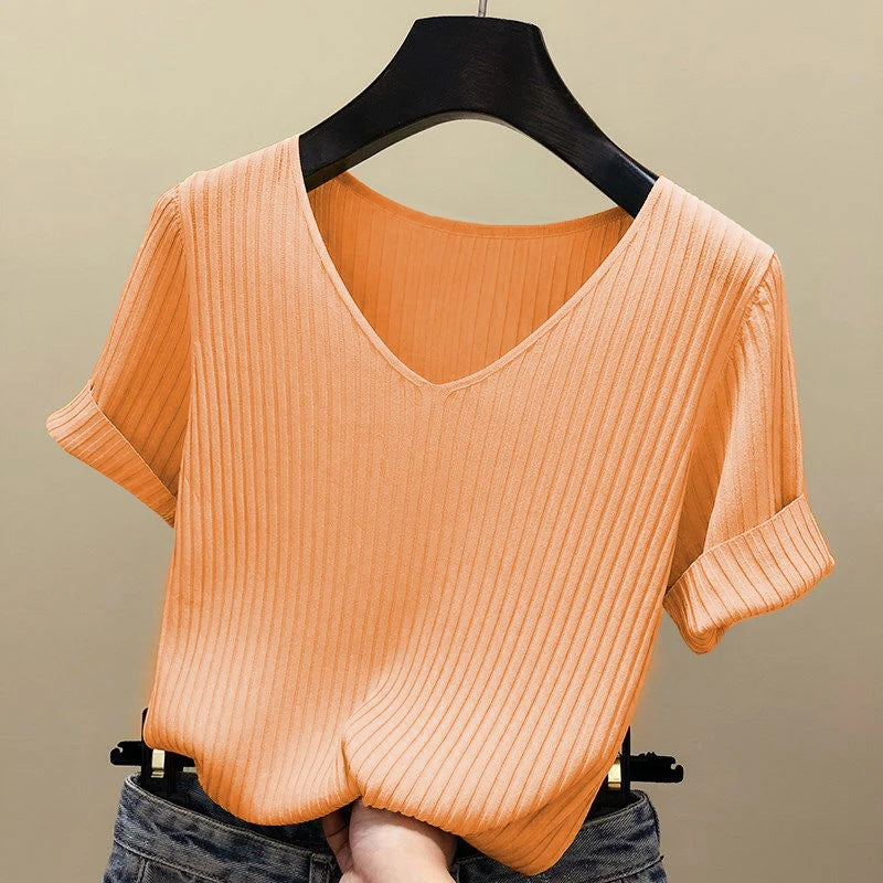 Women's Slim Knit V-Neck Short Sleeve Top