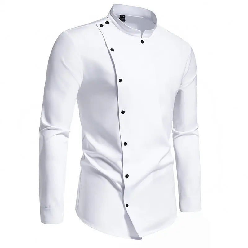 New Men Long Sleeve Mandarin Collar Solid Color Button Casual Shirts European Slanted Single Breasted Long Sleeve Dress Shirt