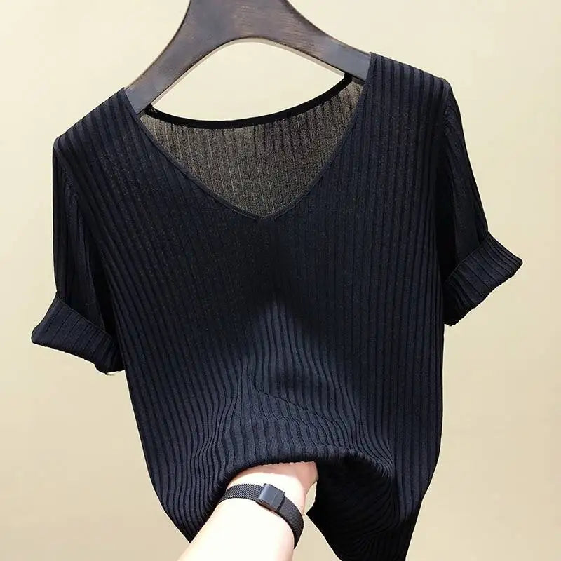 Women's Slim Knit V-Neck Short Sleeve Top