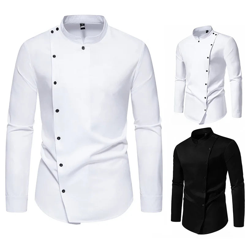 New Men Long Sleeve Mandarin Collar Solid Color Button Casual Shirts European Slanted Single Breasted Long Sleeve Dress Shirt
