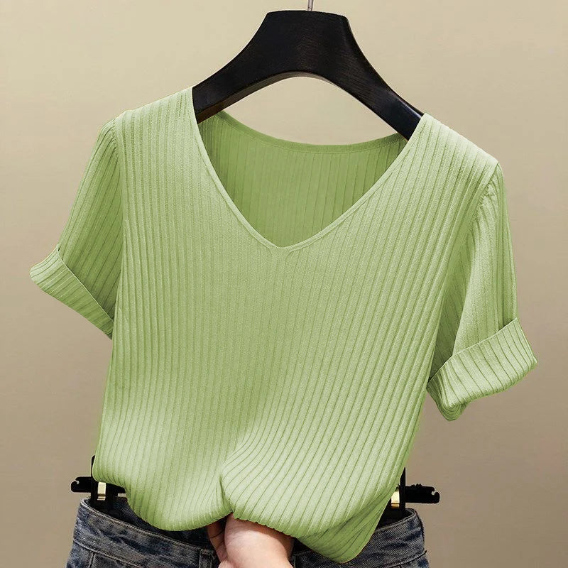 Women's Slim Knit V-Neck Short Sleeve Top