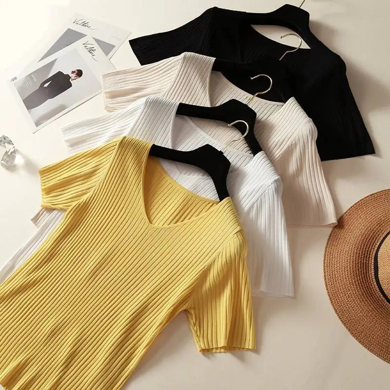 Women's Slim Knit V-Neck Short Sleeve Top