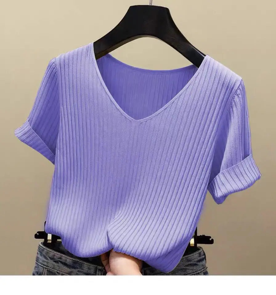Women's Slim Knit V-Neck Short Sleeve Top