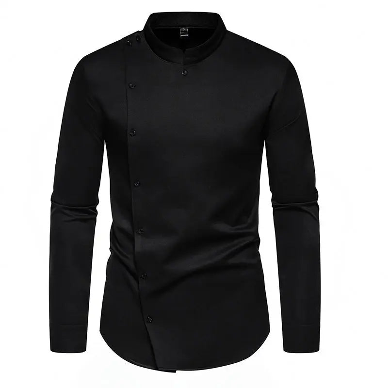New Men Long Sleeve Mandarin Collar Solid Color Button Casual Shirts European Slanted Single Breasted Long Sleeve Dress Shirt