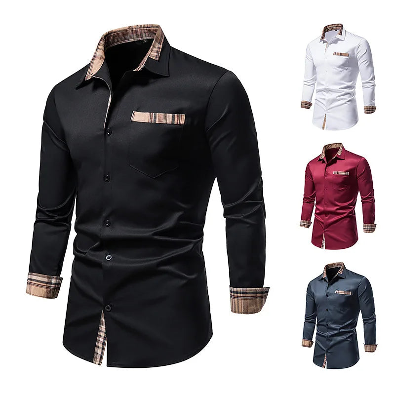 RNSHANGER Autumn Plaid Patchwork Formal Shirts for Men Slim Long Sleeve White Button up Shirt Dress Business Office Dress Shirts