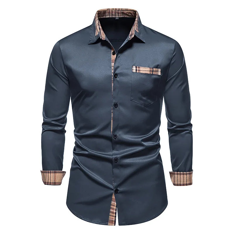 RNSHANGER Autumn Plaid Patchwork Formal Shirts for Men Slim Long Sleeve White Button up Shirt Dress Business Office Dress Shirts