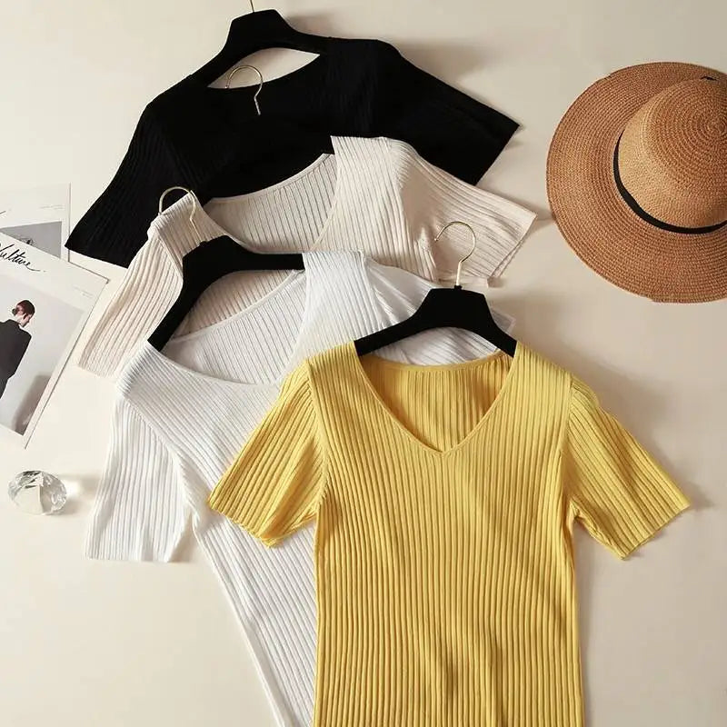 Women's Slim Knit V-Neck Short Sleeve Top