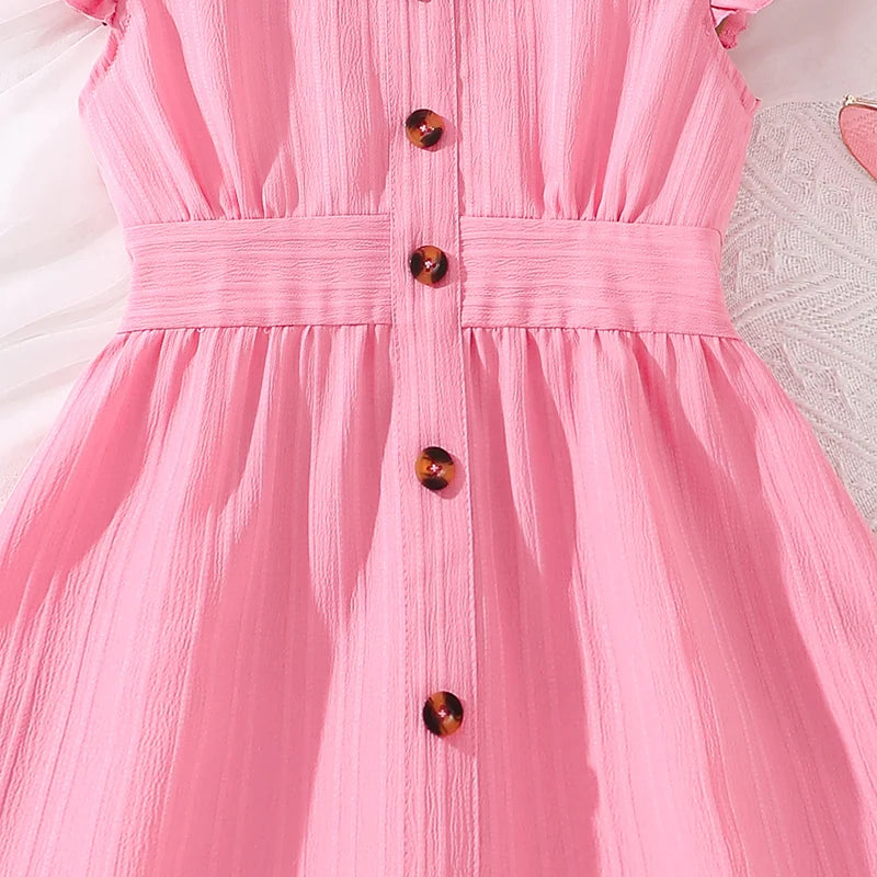 Girls' Pink Flying Sleeve V-Neck Dress (8-12Y)