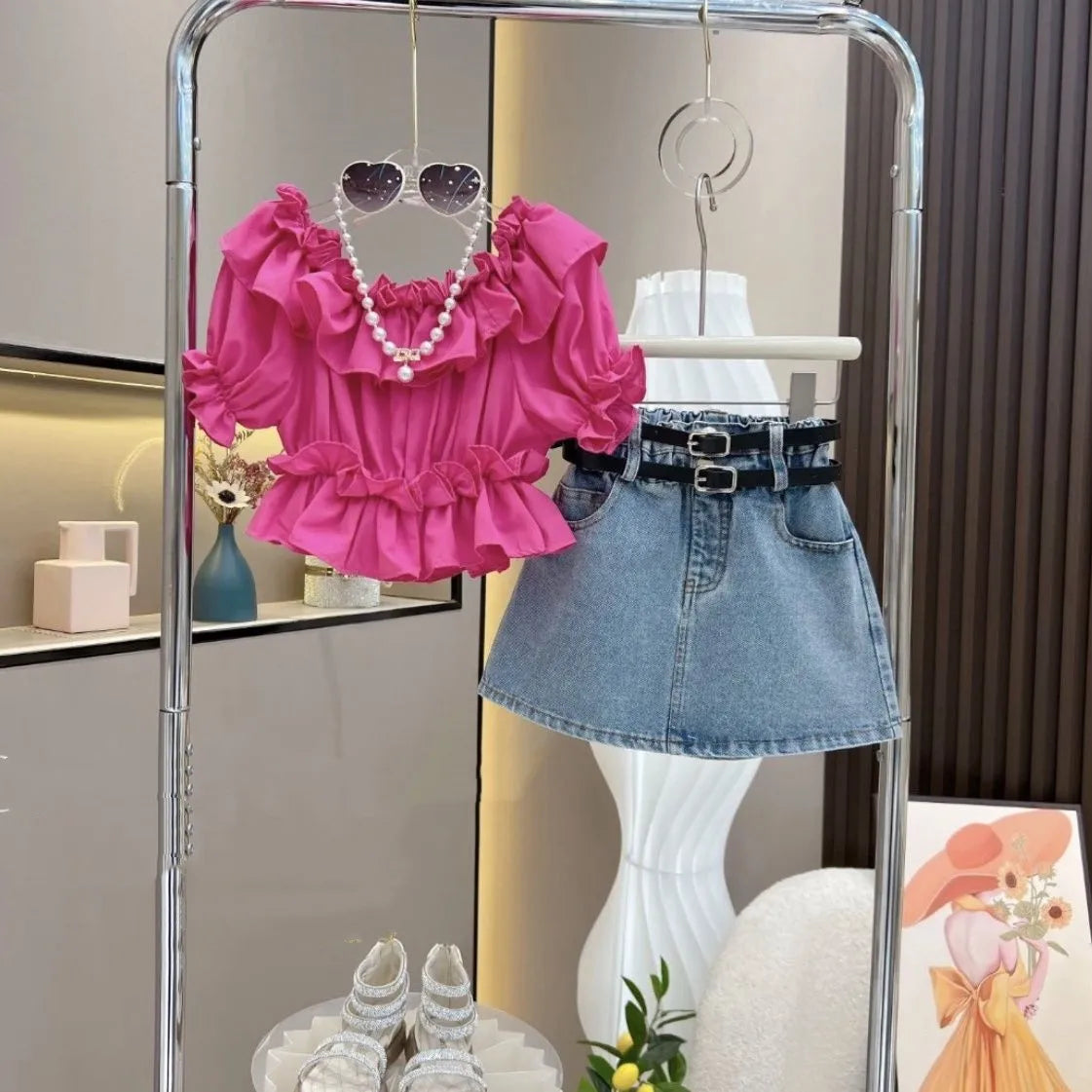 Girls' Ruffle Top & Denim Skirt Set with Belt