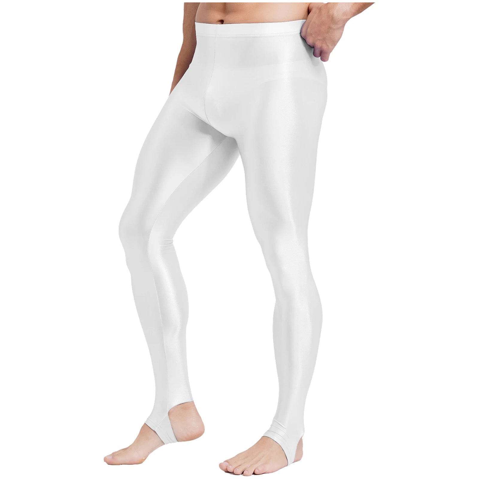 Mens Glossy Sports Pants Stirrup Leggings High Waist Elastic Waist Tights Gym Workout Pants Tummy Control Yoga Fitness Pants