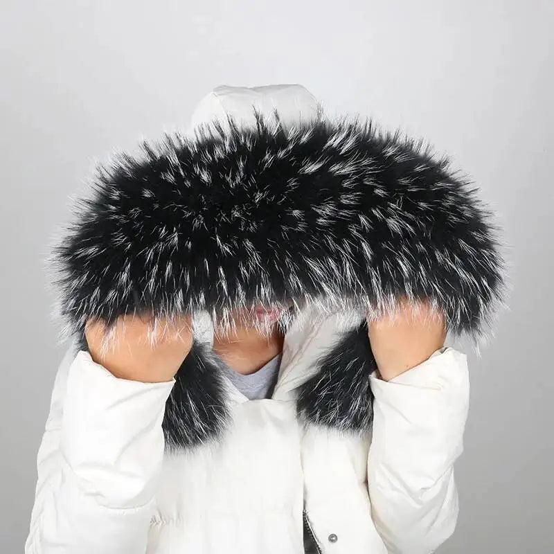 100% Real Fur Collar Luxury Warm Natural Raccoon Fur Scarf Women Genuine Fur Collar Scarves Large Fur Shawl Male Jacket Coat