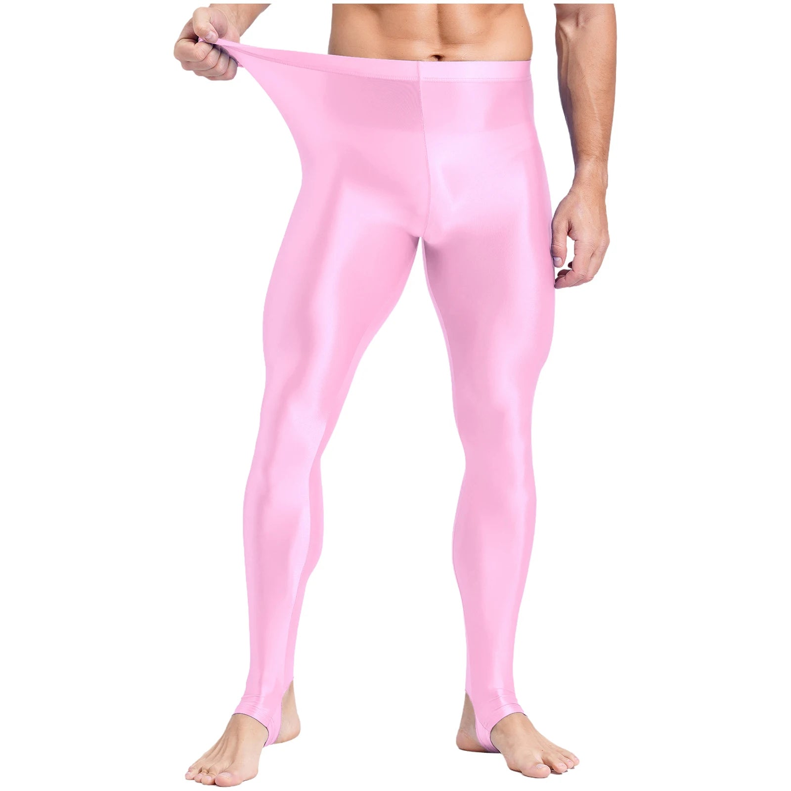 Mens Glossy Sports Pants Stirrup Leggings High Waist Elastic Waist Tights Gym Workout Pants Tummy Control Yoga Fitness Pants