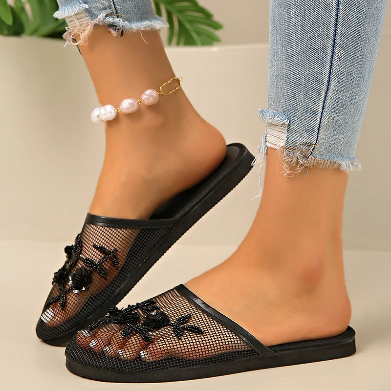 Shoes for Women 2025 Hot Sale Baotou Women's Slippers Fashion Crystal Floral Daily Slippers Women New Mesh Flat Slippers Zapatos