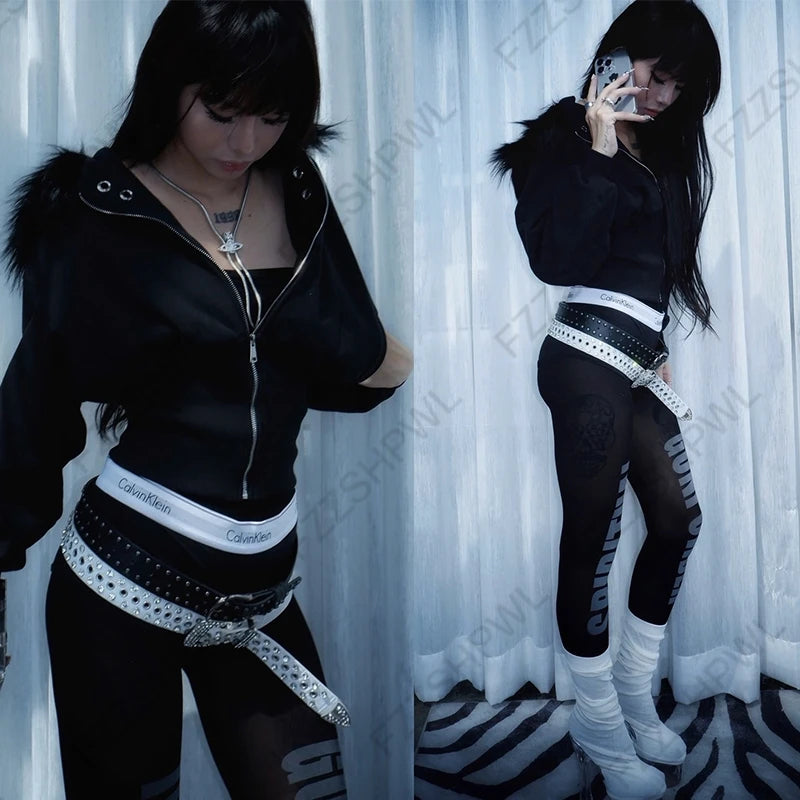 Y2K Aesthetic Women's Autumn Winter Fur Collar Sweatshirt Harajuku Gothic Punk Rock Hottie Sweatshirt Jacket Emo Girl Streetwear