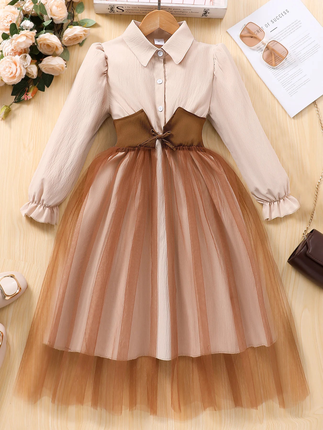 Girls' Lapel Mesh Patchwork Dress