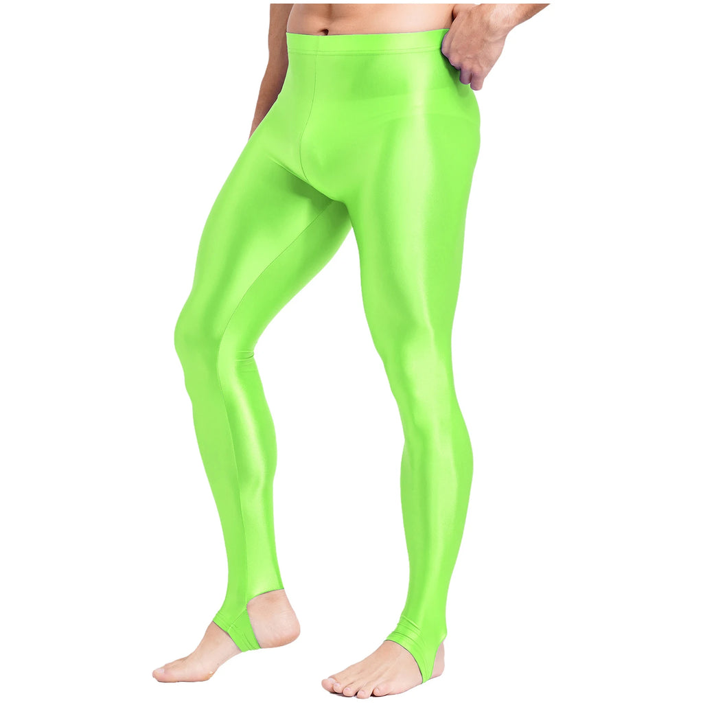 Mens Glossy Sports Pants Stirrup Leggings High Waist Elastic Waist Tights Gym Workout Pants Tummy Control Yoga Fitness Pants