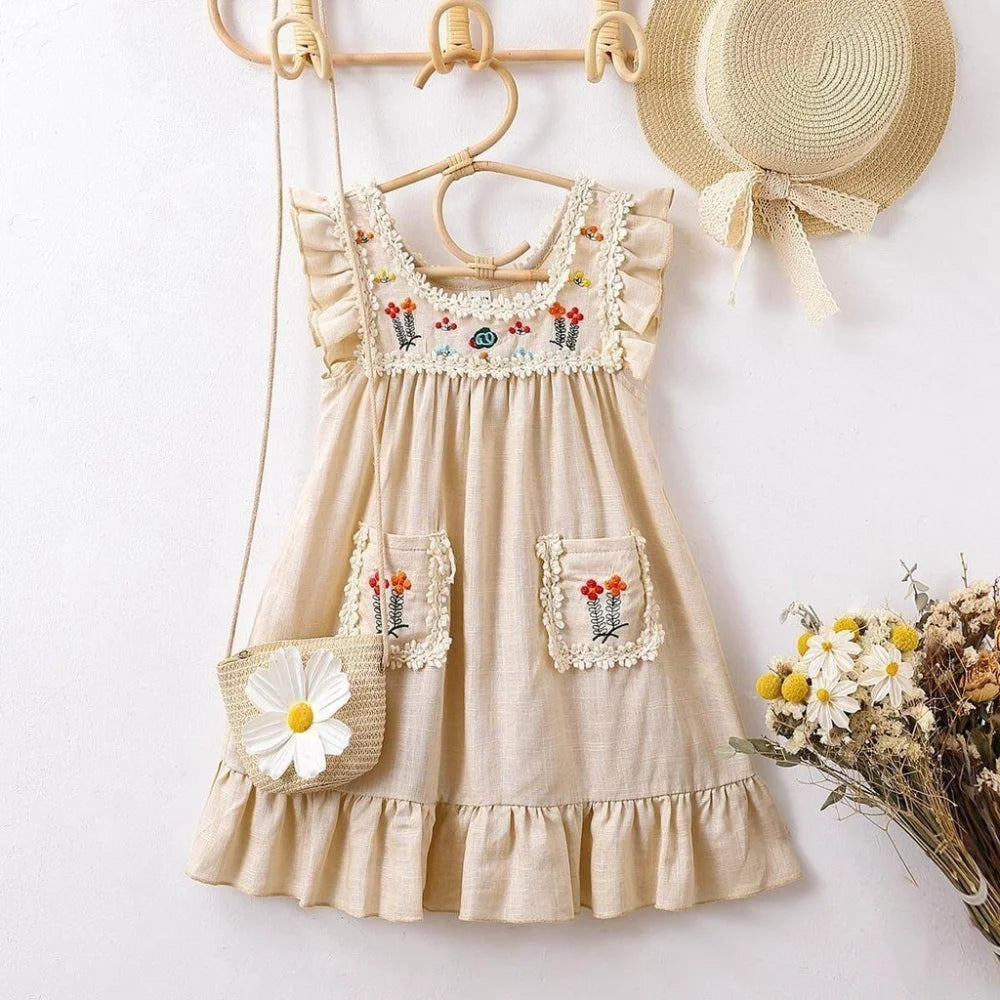 Girls' Khaki Embroidered Ruffle Pocket Dress
