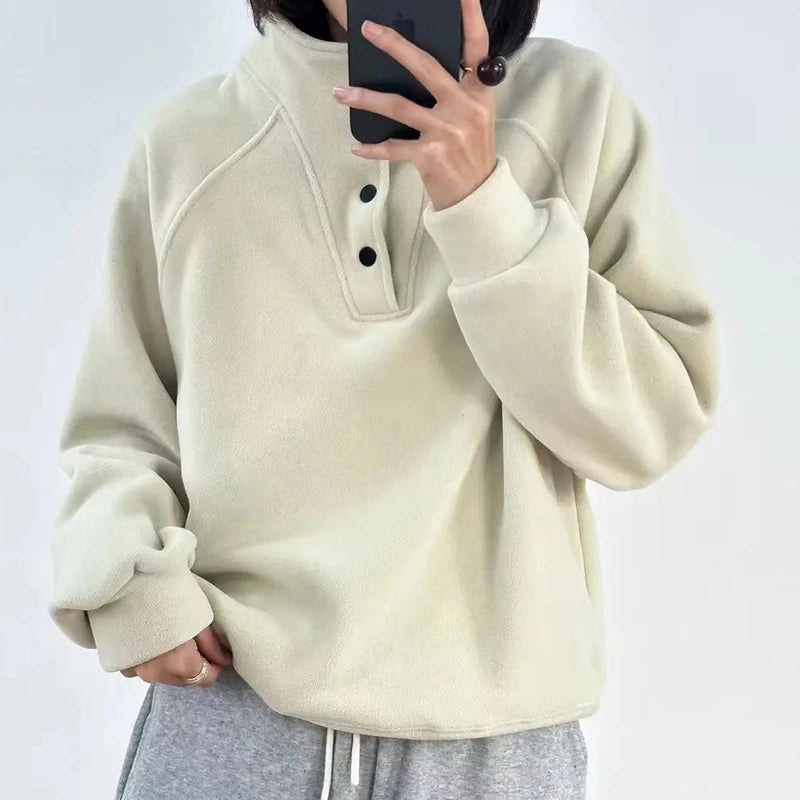 No Hat Hoodies Women Autumn College Basic Solid Casual All-match Stand Collar Button Trendy High Street Korean Style Mujer Cozy