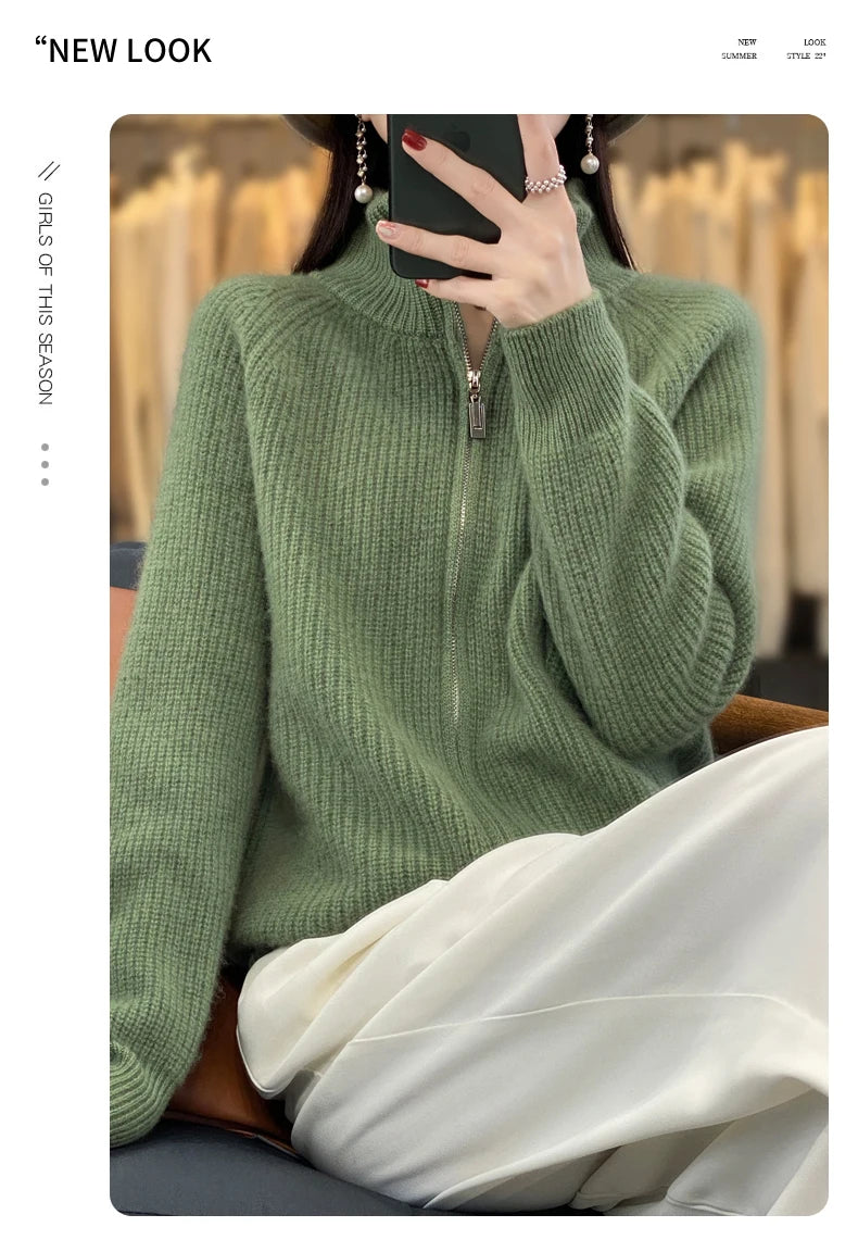 100% Pure Wool Zipper Cardigan Padded Shoulder Stand Collar Women's Cashmere Knitted Coat New Lapel Sweater