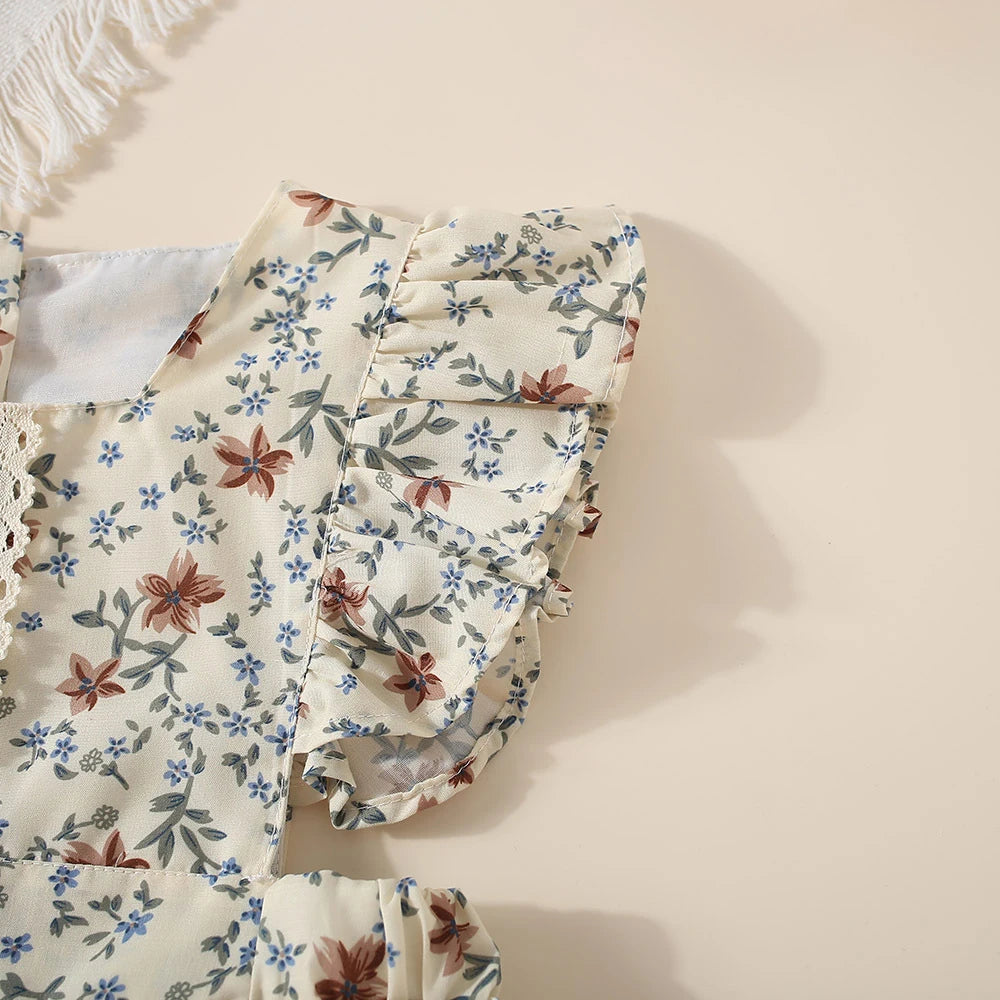 Girls' Floral Ruffle Flying Sleeve Casual Dress