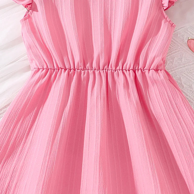 Girls' Pink Flying Sleeve V-Neck Dress (8-12Y)