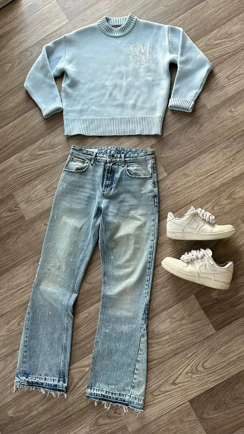 Y2K Retro Long Sleeve Sweater Signature M Logo Pattern Pullover Men New Fashion High Street Casual Streetwear Boxy Knitted Top