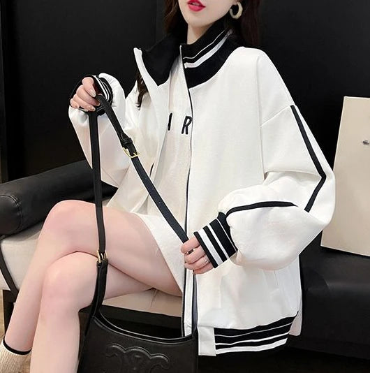 Female Clothes Black Sweatshirts for Women Full Zip Up Tops with Zipper Coat Striped Y2k Hoodie 2000s Long Sleeve Style Matching