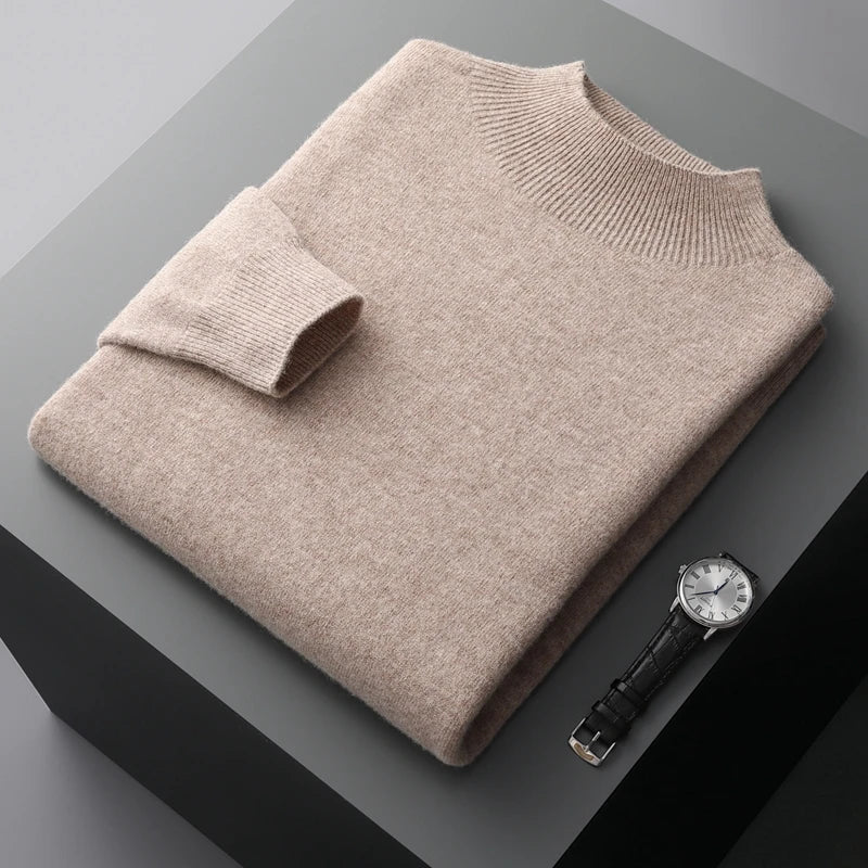 New Men's 100% Merino Wool Mock Neck Pullover Soft Warm Jumpers Quality Cashmere Sweater Casual Smart Knitwear Basic Tops Clothi