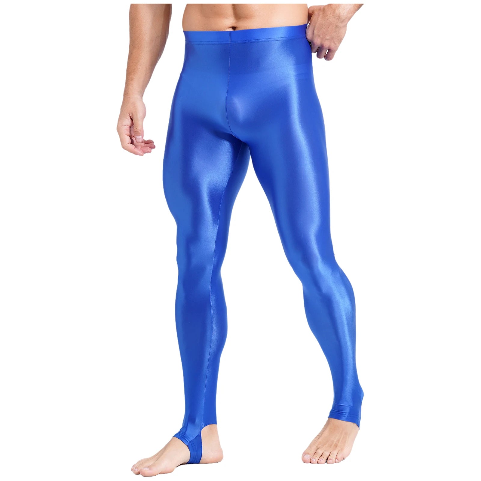 Mens Glossy Sports Pants Stirrup Leggings High Waist Elastic Waist Tights Gym Workout Pants Tummy Control Yoga Fitness Pants