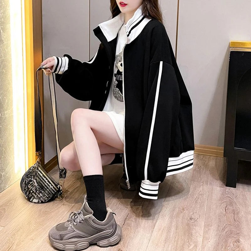 Female Clothes Black Sweatshirts for Women Full Zip Up Tops with Zipper Coat Striped Y2k Hoodie 2000s Long Sleeve Style Matching