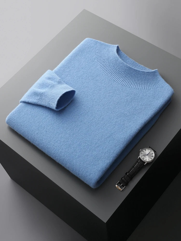 New Men's 100% Merino Wool Mock Neck Pullover Soft Warm Jumpers Quality Cashmere Sweater Casual Smart Knitwear Basic Tops Clothi