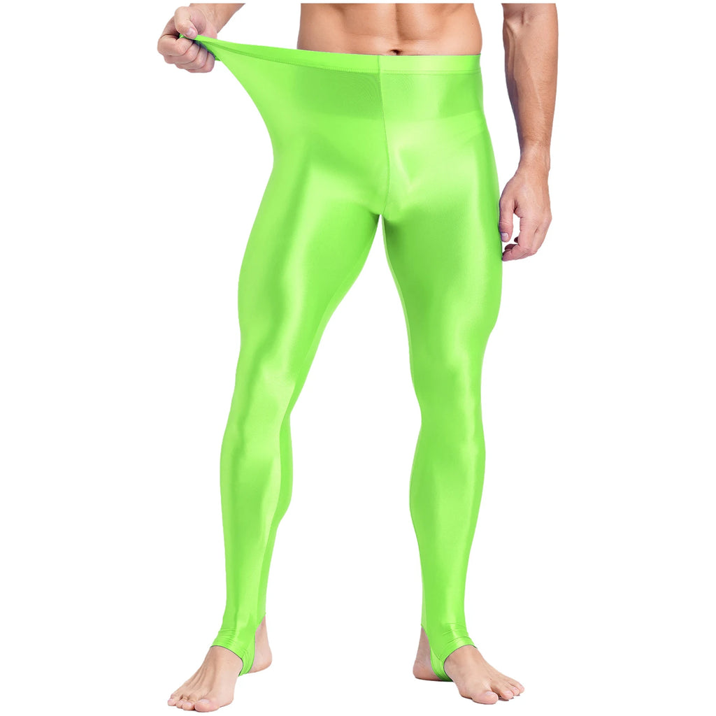 Mens Glossy Sports Pants Stirrup Leggings High Waist Elastic Waist Tights Gym Workout Pants Tummy Control Yoga Fitness Pants