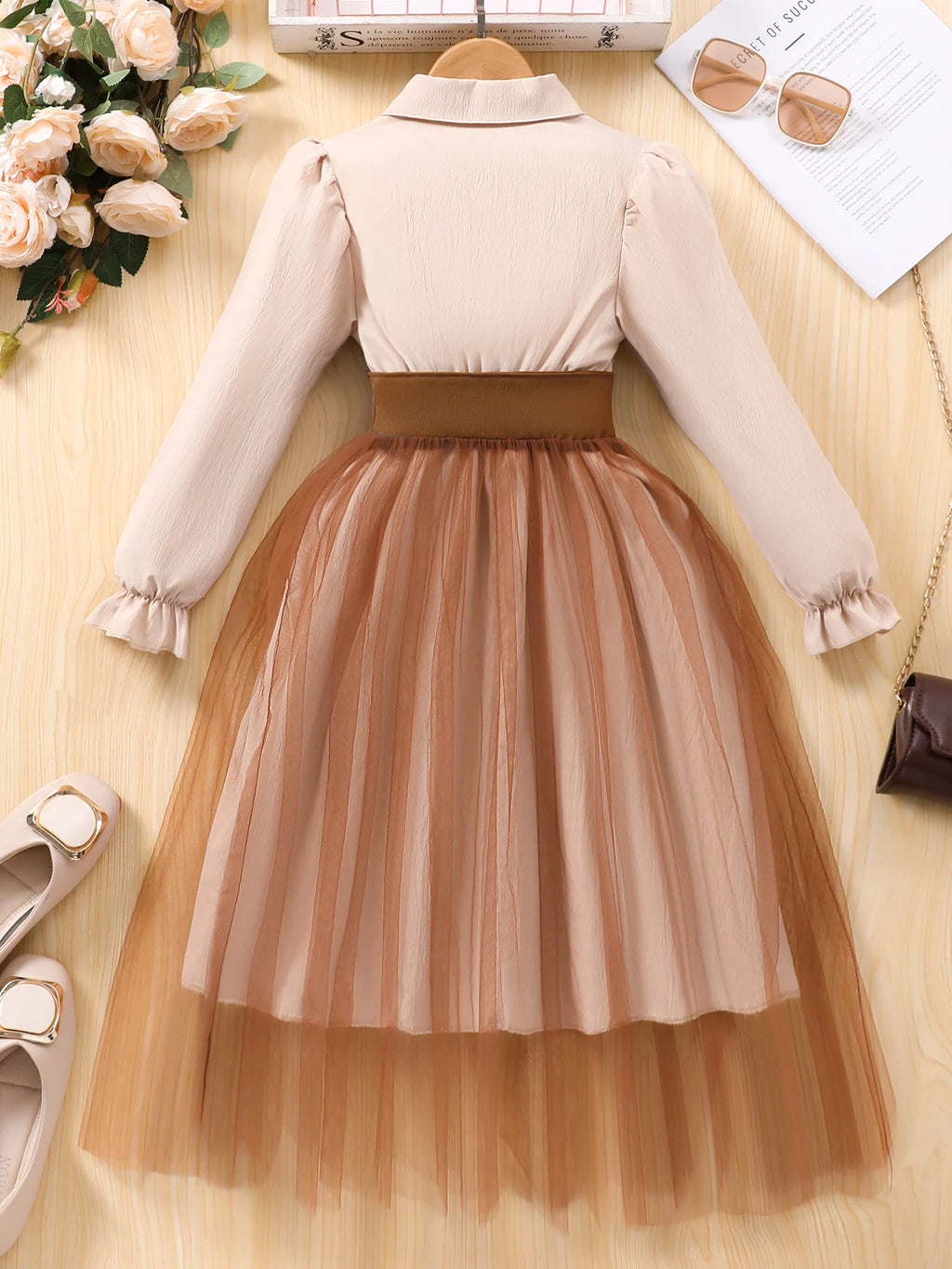 Girls' Lapel Mesh Patchwork Dress