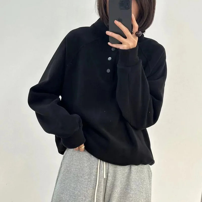 No Hat Hoodies Women Autumn College Basic Solid Casual All-match Stand Collar Button Trendy High Street Korean Style Mujer Cozy