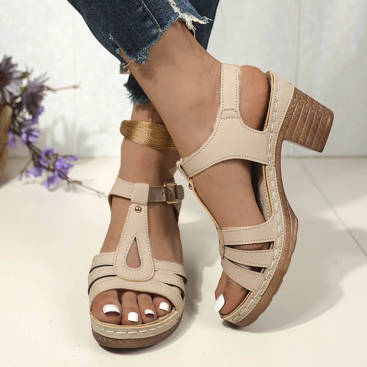 Summer 2024 Fashion Buckle Sandals for Women High Heels Comfortable Outdoor Party Non-slip Plus Size Shoes Sandalias 35-43