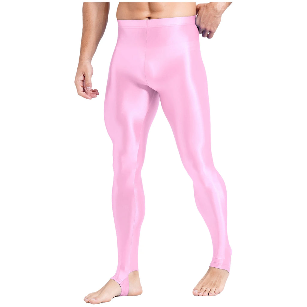 Mens Glossy Sports Pants Stirrup Leggings High Waist Elastic Waist Tights Gym Workout Pants Tummy Control Yoga Fitness Pants