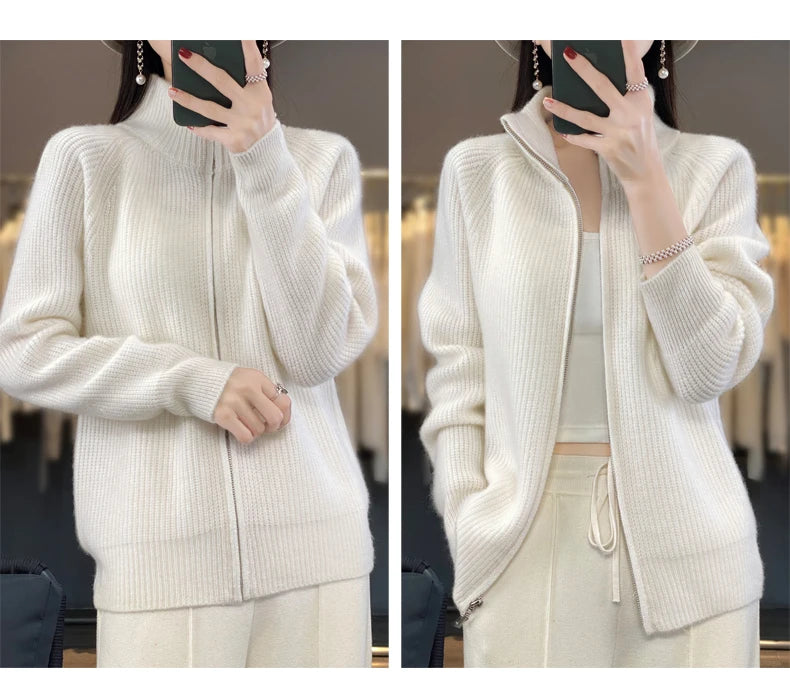 100% Pure Wool Zipper Cardigan Padded Shoulder Stand Collar Women's Cashmere Knitted Coat New Lapel Sweater