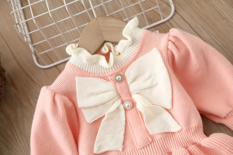 Girls' Woolen Bow Knit Jumpsuit Dress