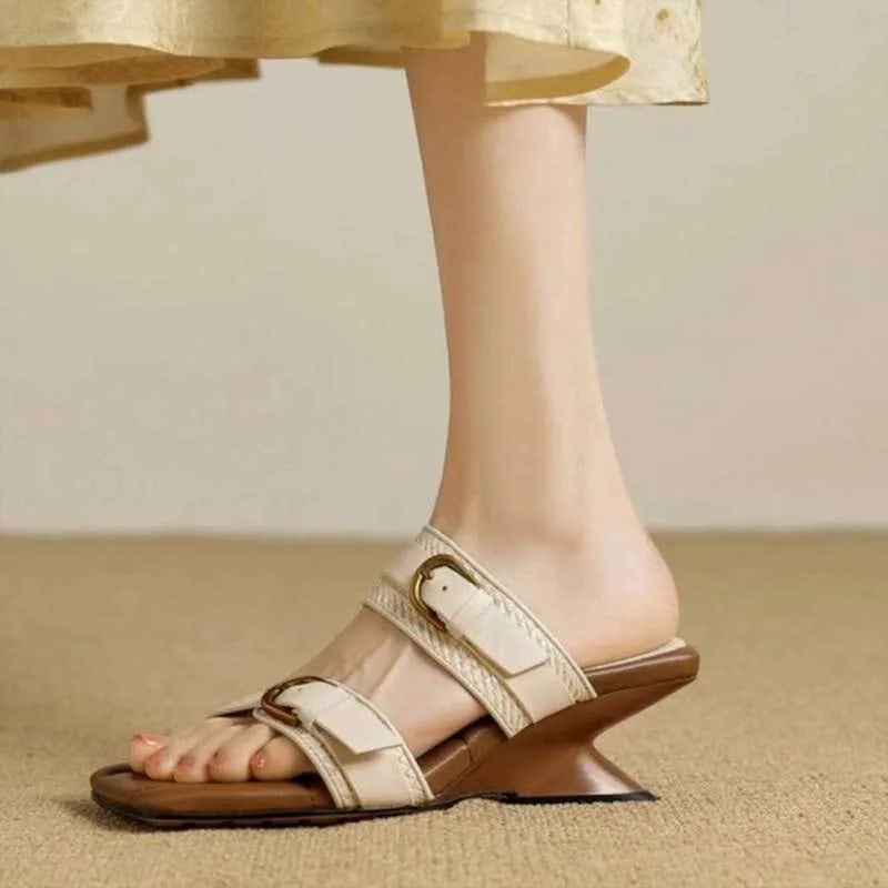 Vintage Braided Belt Buckle Open Toe Wedges Women's Summer New Square-toed High-heeled Slippers