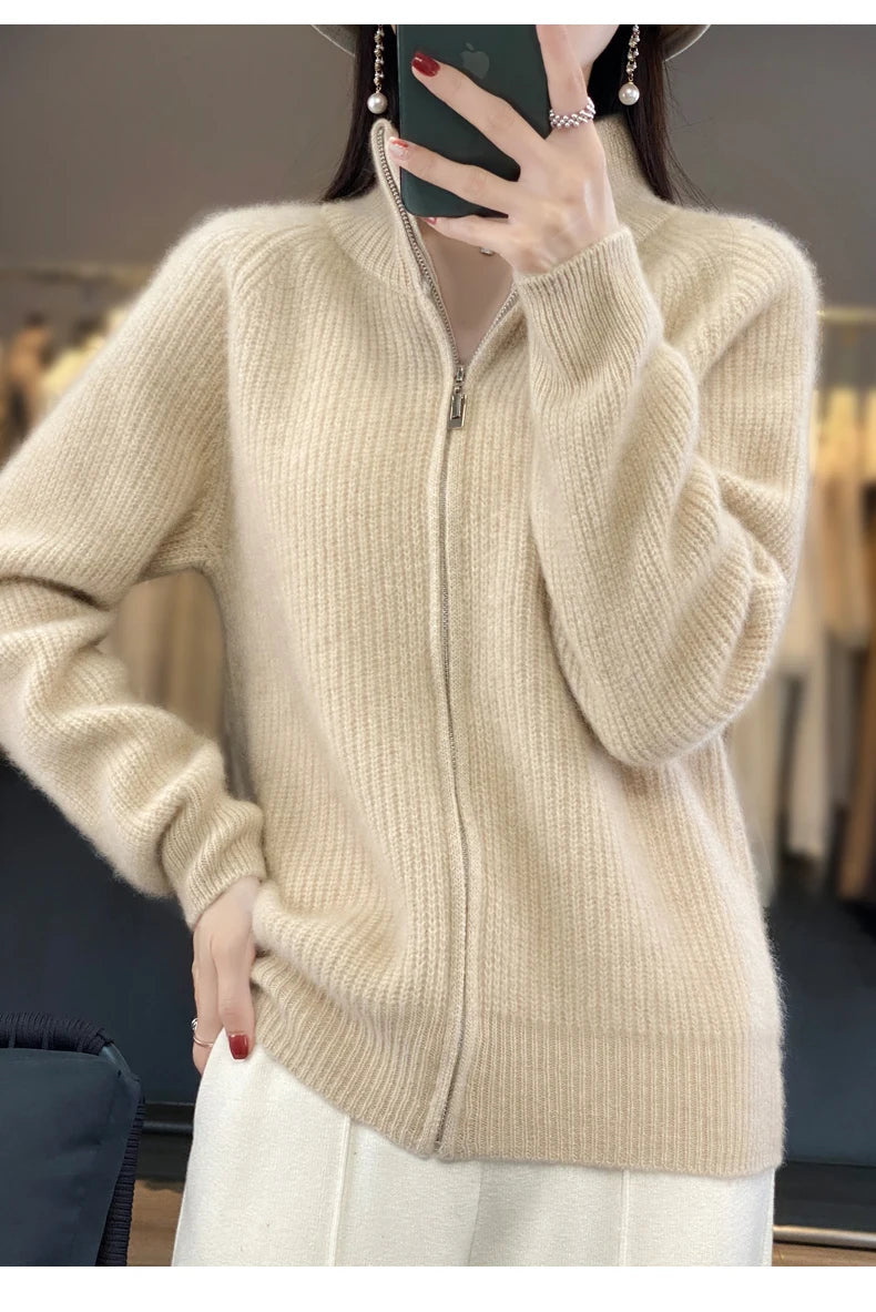 100% Pure Wool Zipper Cardigan Padded Shoulder Stand Collar Women's Cashmere Knitted Coat New Lapel Sweater