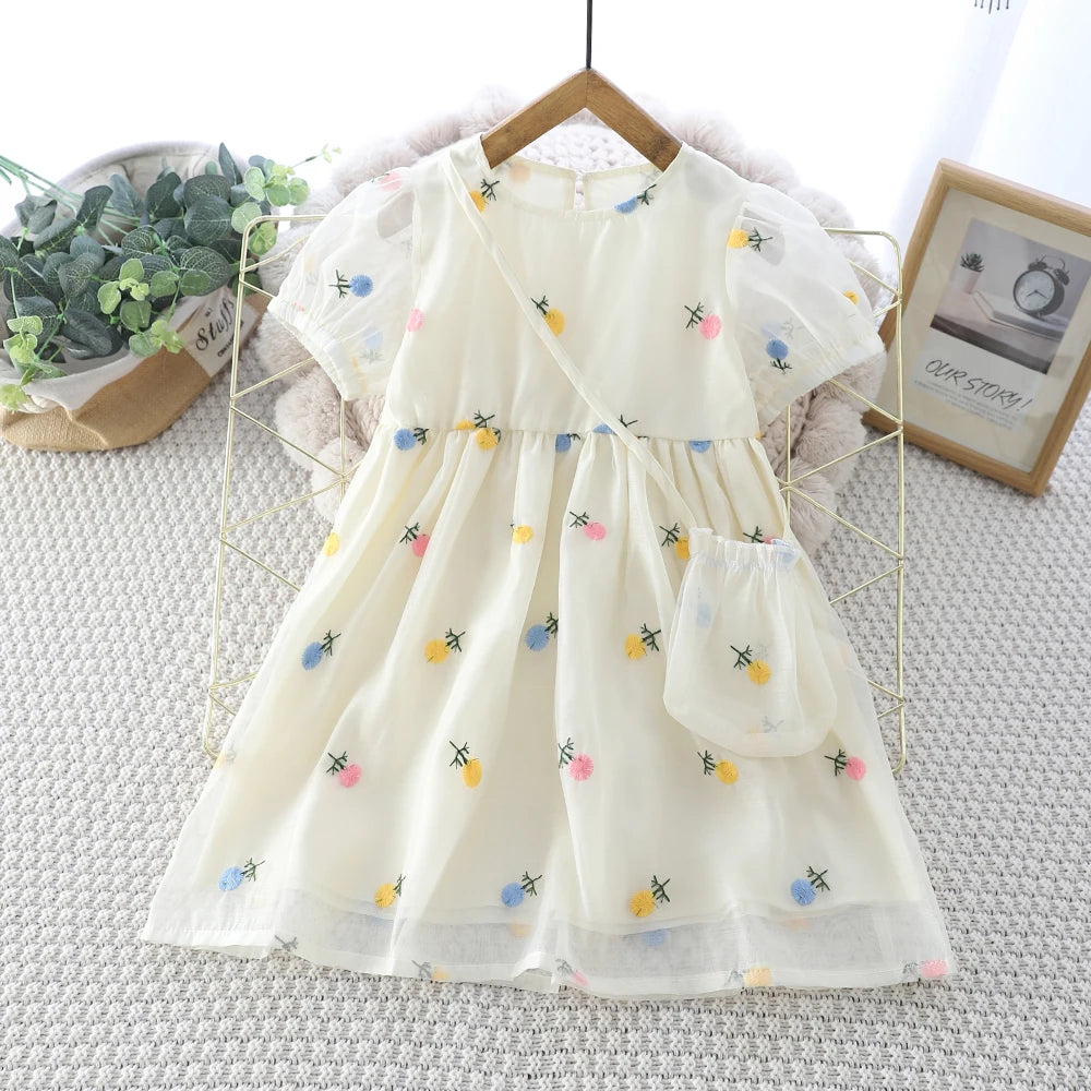 Girls' Flower Embroidery Dress with Bag