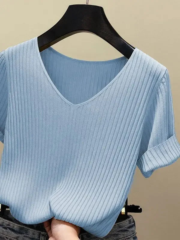 Women's Slim Knit V-Neck Short Sleeve Top