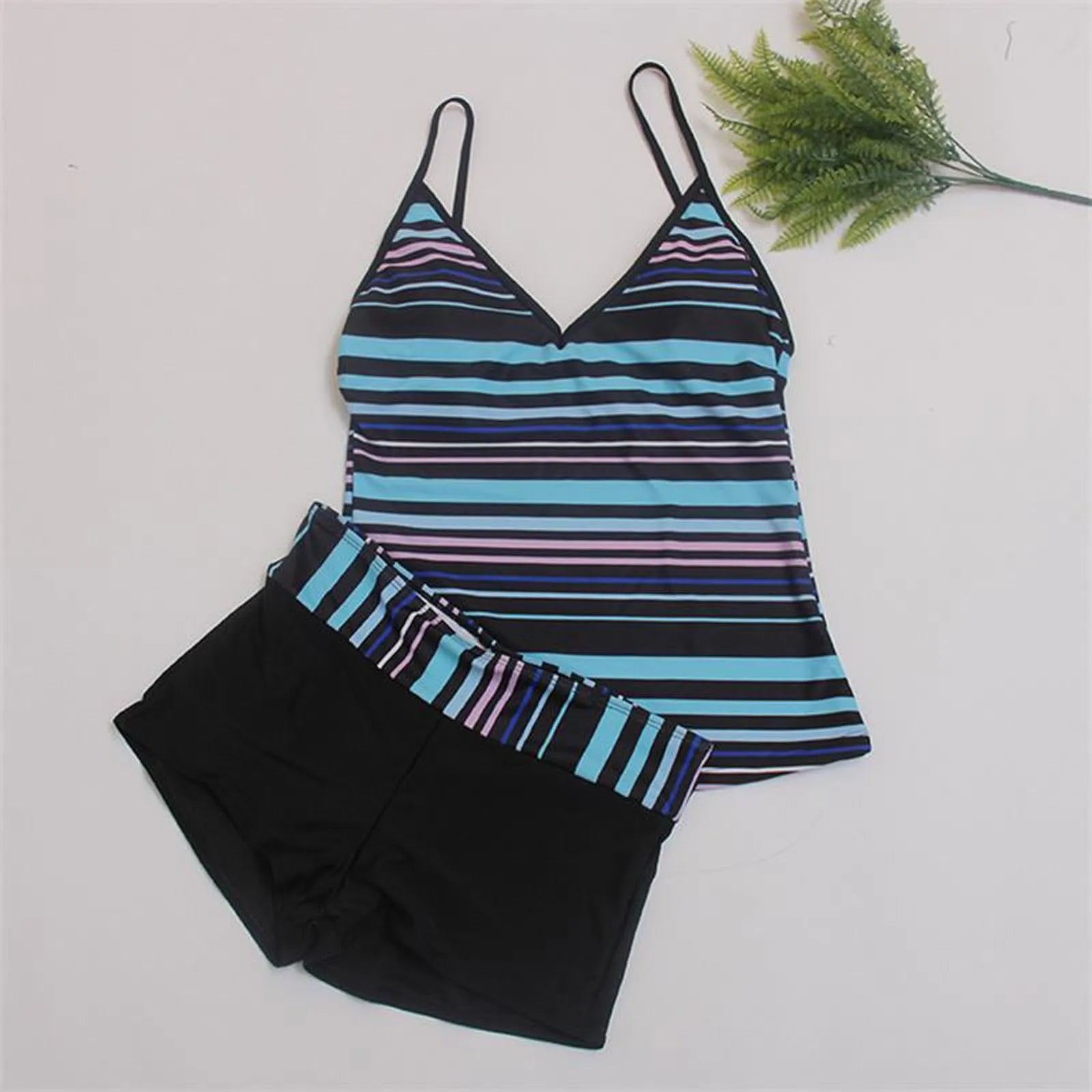 Leisure Swimsuit Summer Women'S Split Style Swimsuit Two-Piece Set Layered Pleated Swimsuit Striped Youth Series Beachwear
